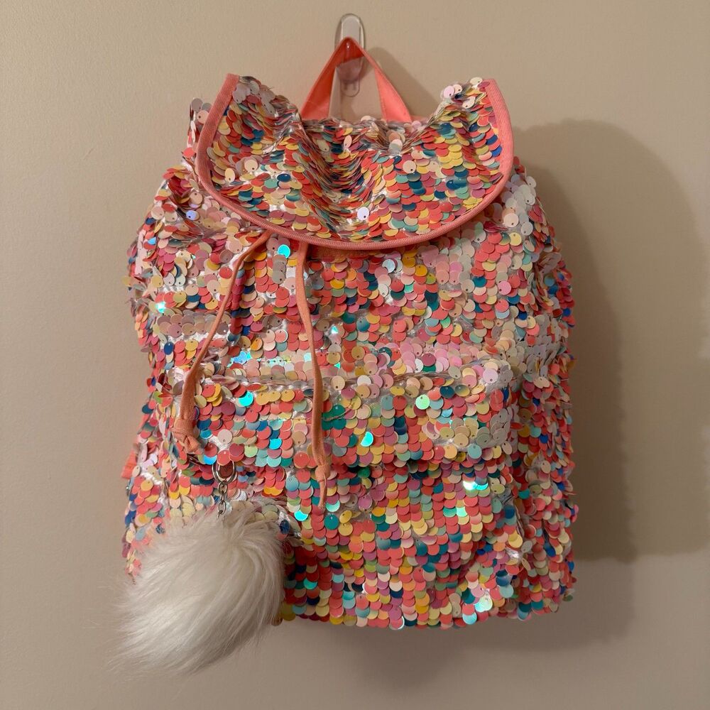 Justice Girls Flip Sequin Drawstring Birthday Cake Pink Backpack